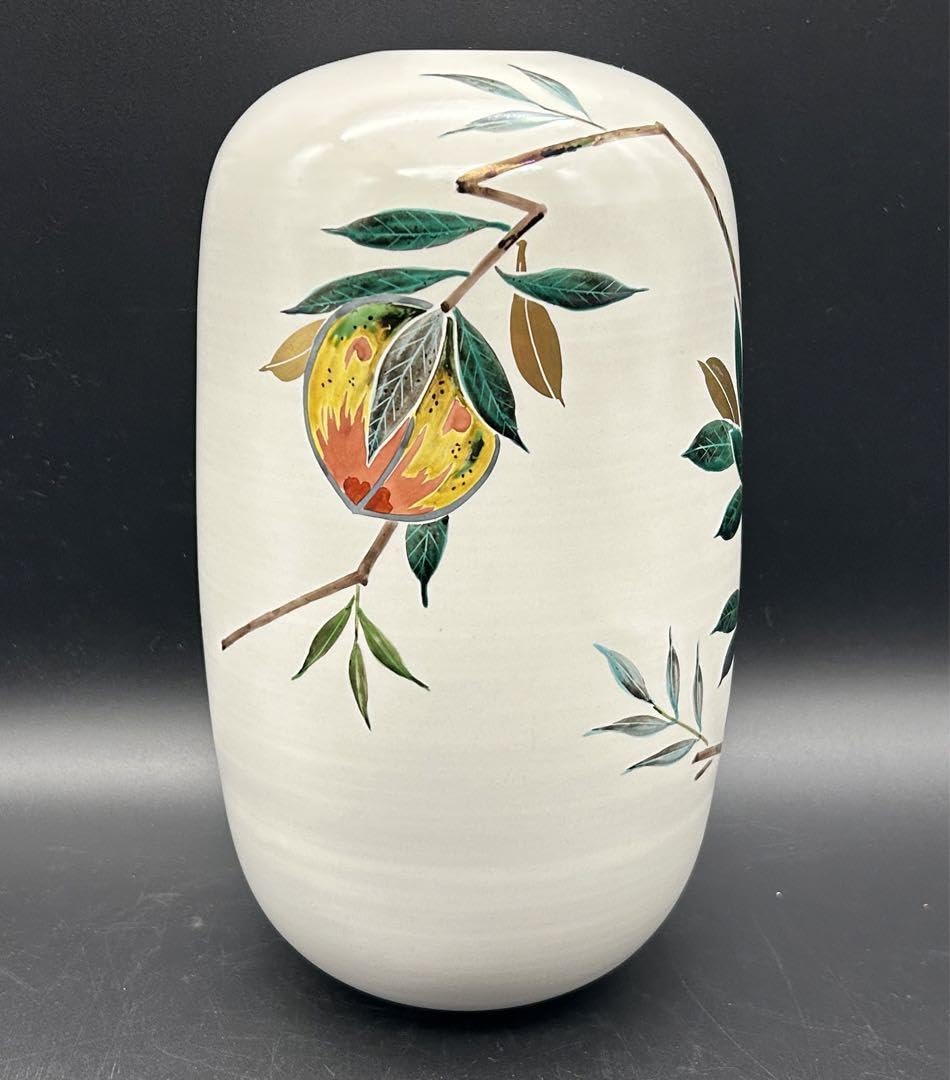 希少】九谷焼 梶本太衛造 花瓶 青九谷釉彩桃之図 梶本太衛 工芸品