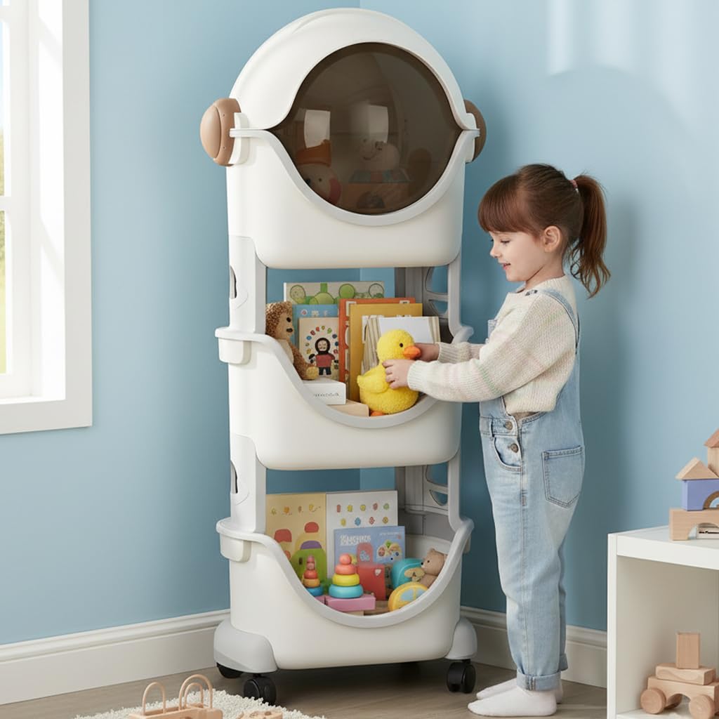 JD Fresh 3 Tier Spaceman Toy Storage Organizer/Storage Box with Lid large Size/Baby Toys Storage Box with 360-degree Rotating Wheels/Multipurpose Kids Room Rack for Clothes/Toys/Books (Ivory & Grey)-image-31