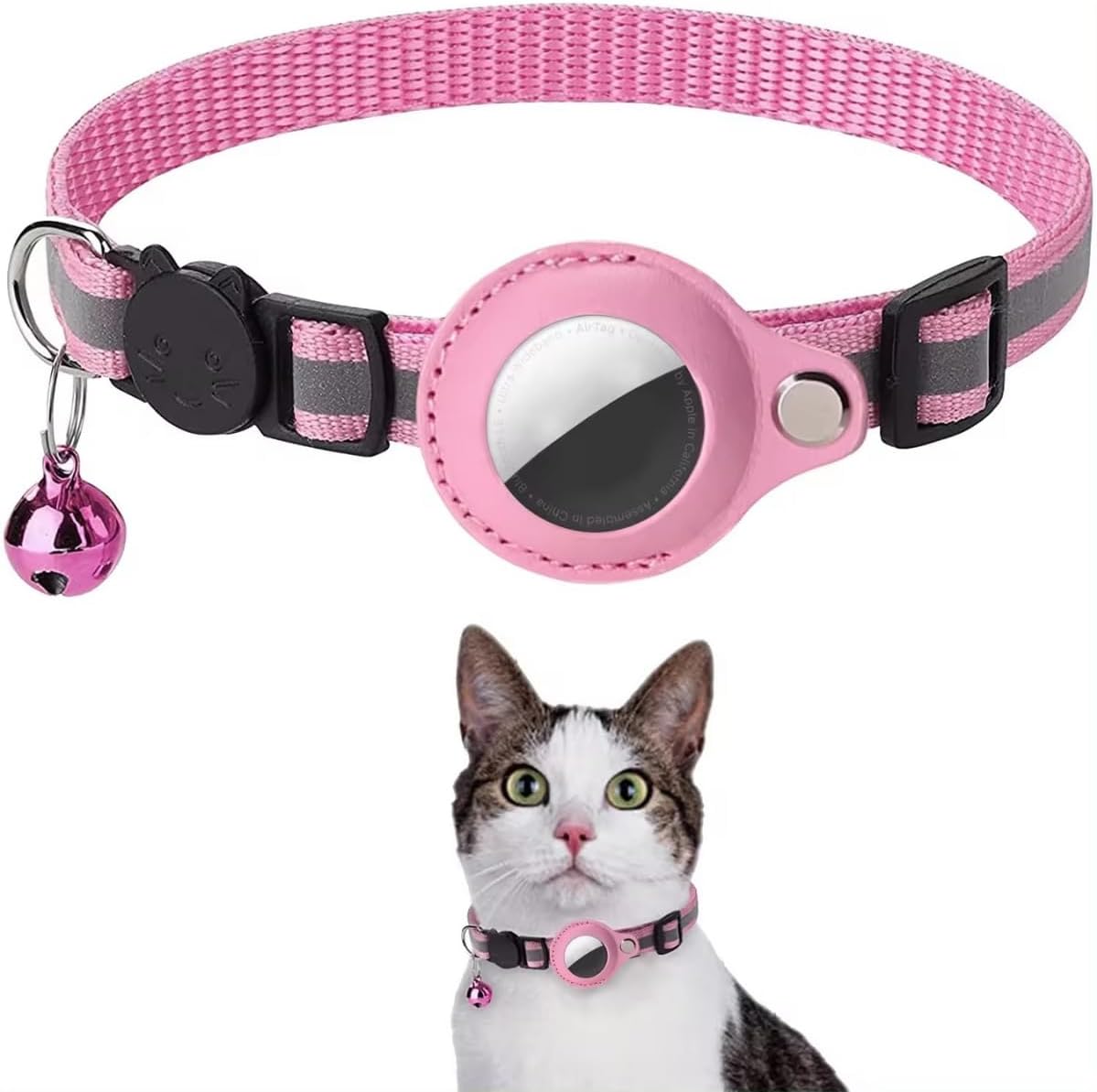 Coleira Cachorro Gato Reflexiva Ajustavel com Case Capa Rastreador GPS Airtag (Rosa)
