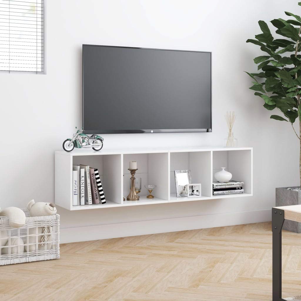 Fengshui Regał na książki, szafka pod telewizor, biały, 143 x 30 x 36 cm, 4-komorowy regał z materiału drewnopochodnego, do powieszenia lub stojącej, wszechstronne miejsce do przechowywania książek