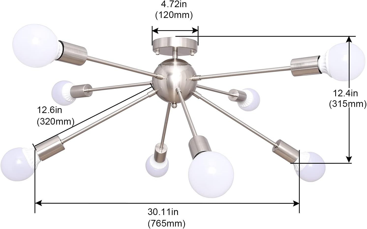 Nickel 8-Light Geometric Sputnik Semi Flush Mount Chandelier