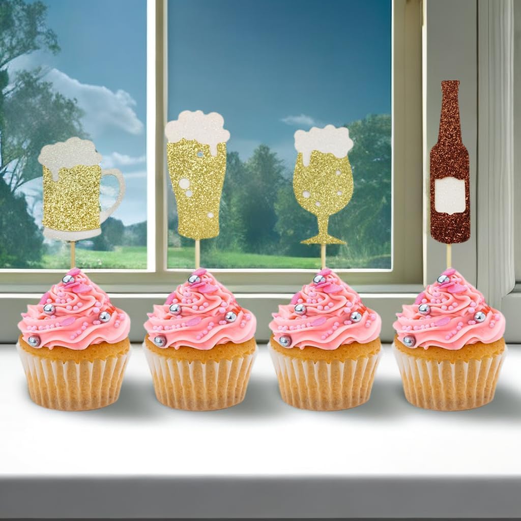 24 PCS Gold Glitter Beer Glass Champagne Cheers Cupcake Toppers for Men Women Birthday Party Oktoberfest Bachelorette Theme Party Wedding Baby Shower Party Cake Decorations Supplies Picks - Image 5