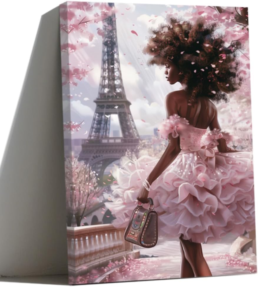 ZQQART Black Girl Canvas Wall Art African American Pictures Pink Eiffel Tower Girls Fashion Poster Prints Paris Girls Painting Girl Room Decor (Gray,24" L x 16" W)