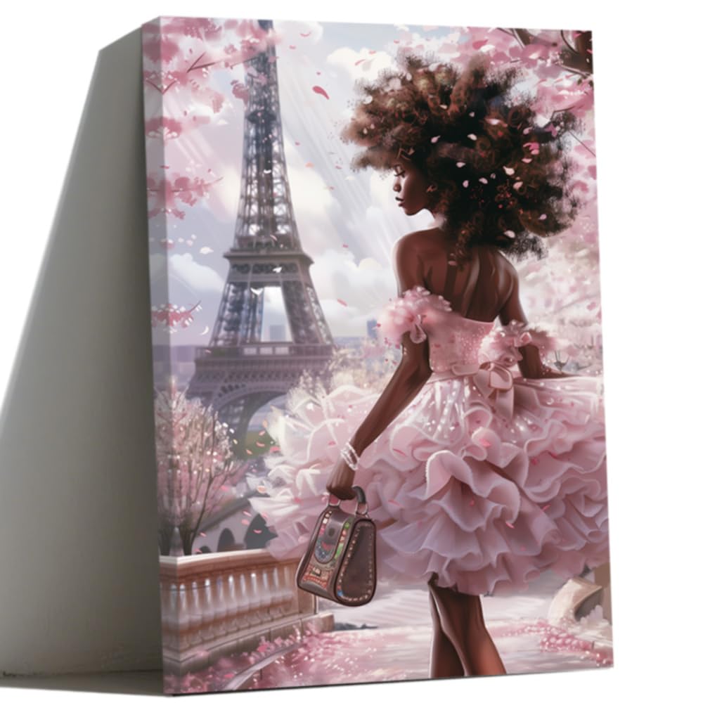 ZQQART Black Girl Canvas Wall Art African American Pictures Pink Eiffel Tower Girls Fashion Poster Prints Paris Girls Painting Girl Room Decor (Gray,28W x 42L)
