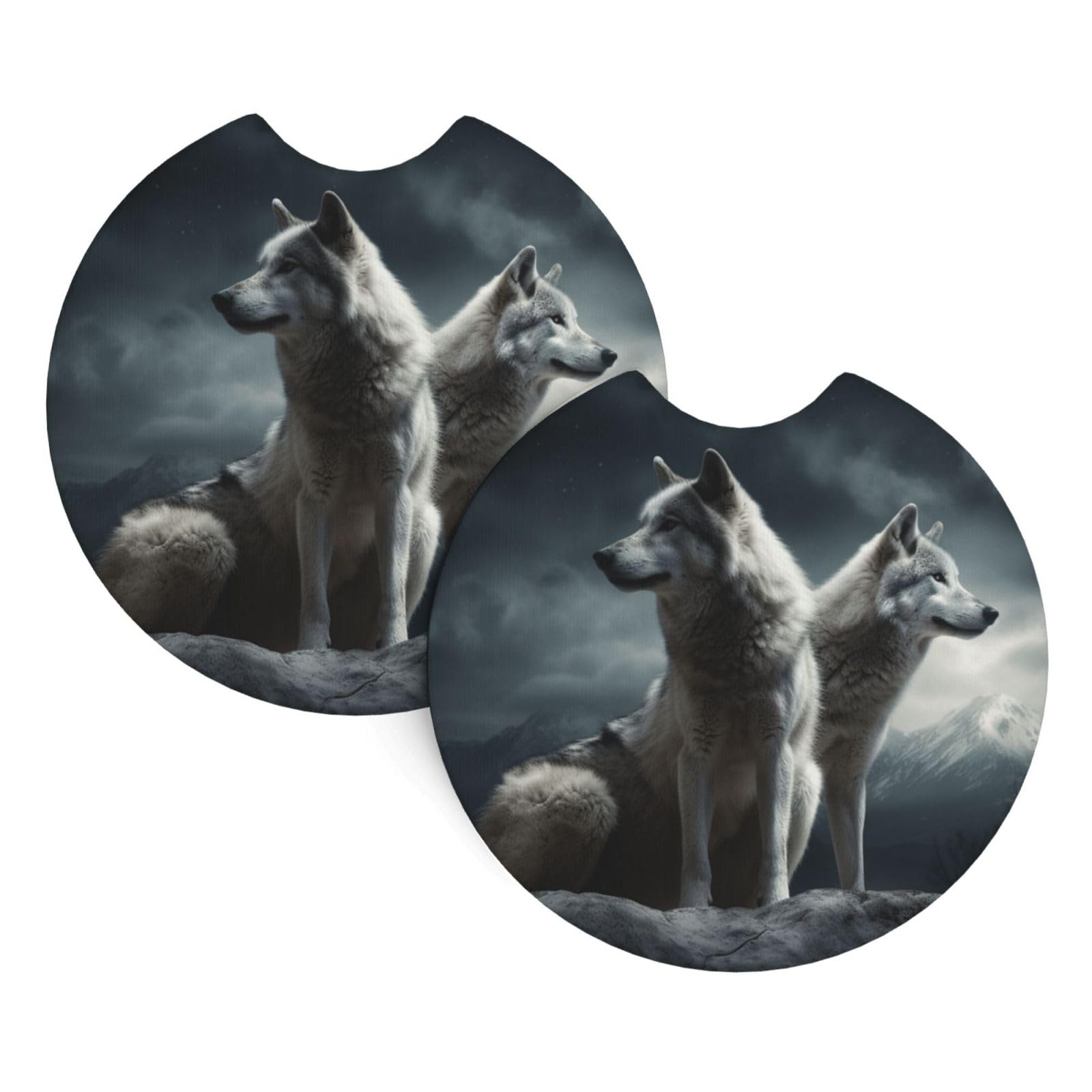 2PCS Car Coaster for Cup Holders Universal Auto Cup Mat Wolf at Night Cup Coaster Pad 2.7" Waterproof Neoprene Non-Slip Cup Holder Coasters Car Interior Accessories for Women Men