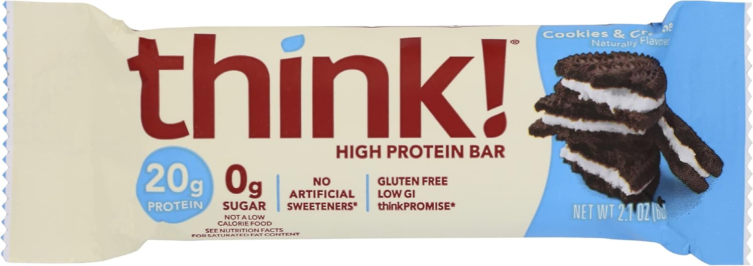 Think! Cookies & Cream Flavored Protein Bar, Gluten Free, Zero Sugar, 2.1 Ounces (Pack Of 10)