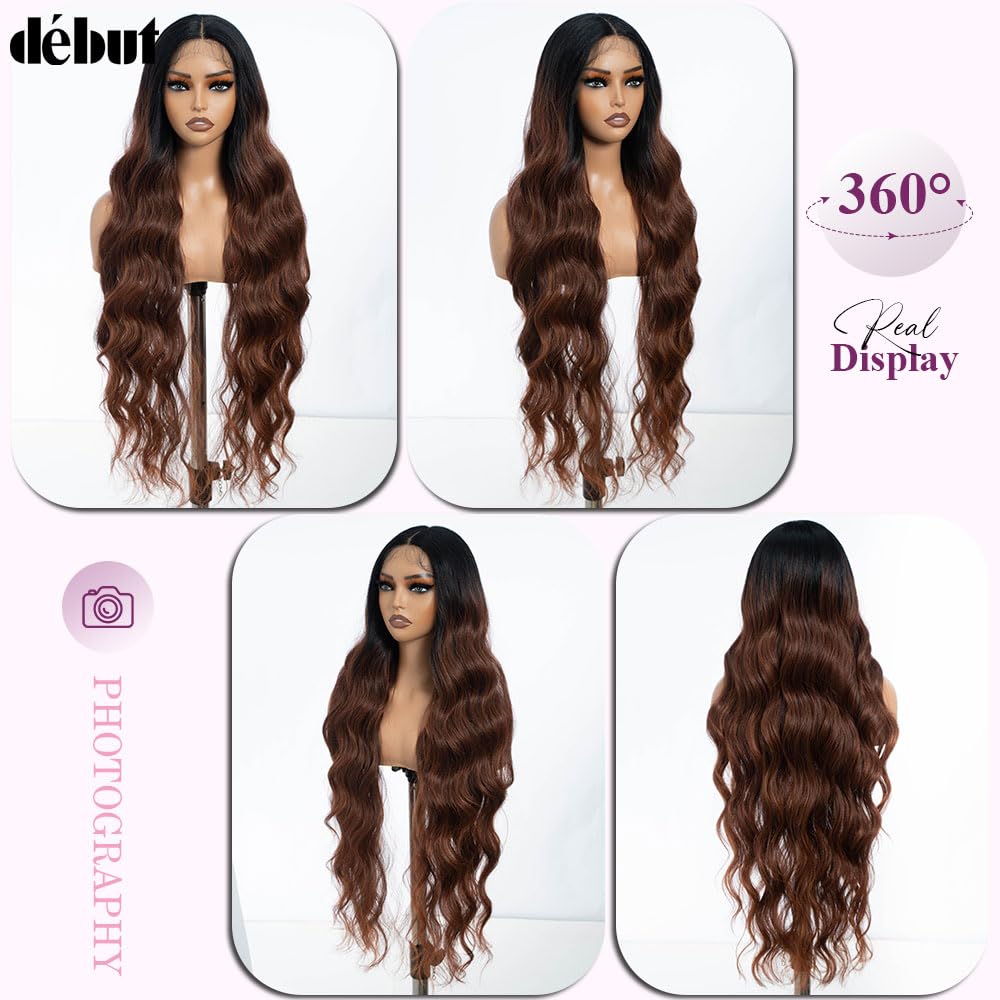 DÉBUT Long Wavy Lace Front Wigs Ombre Brown Middle Part Body Wave Wig for Women Slight Pre Plucked Hairline with Baby Hair 36 Inches Chocolate Brown Color