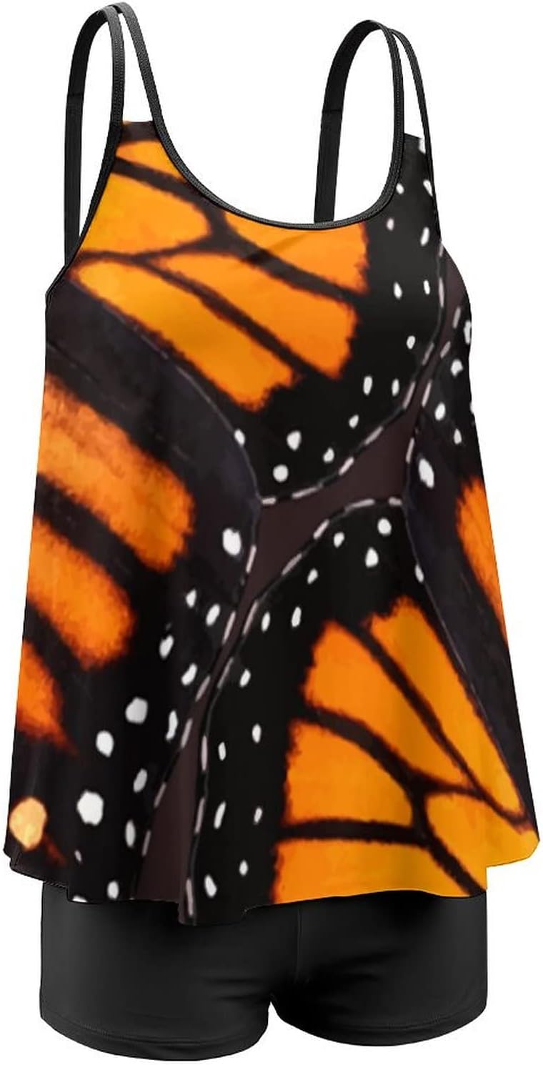 Orange Monarch Butterfly Wings Tankini Swimsuits for Women 2 Pieces Bathing Suits Tank Top with Boyshorts