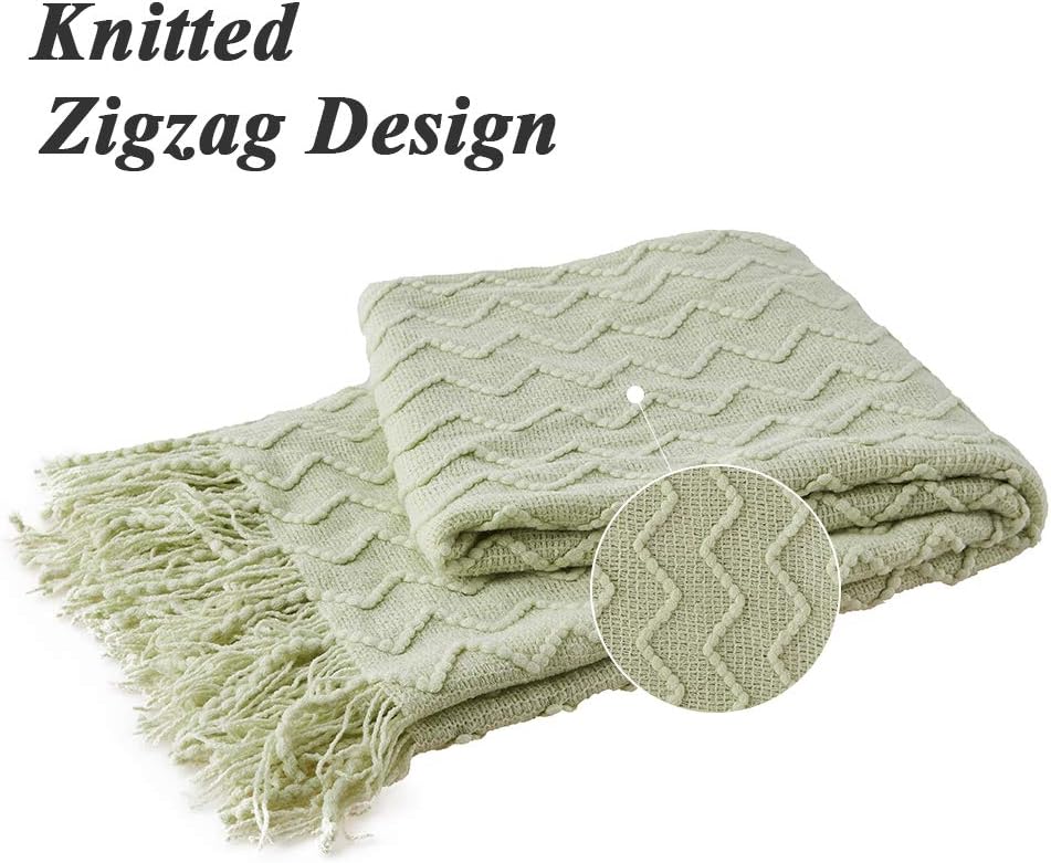 NexHome Throw Blankets for Couch Green Decorative Knit Blanket with Tassel Fringe Soft Lightweight Zigzag Textured Boho Throws (50"x60" Light Green)