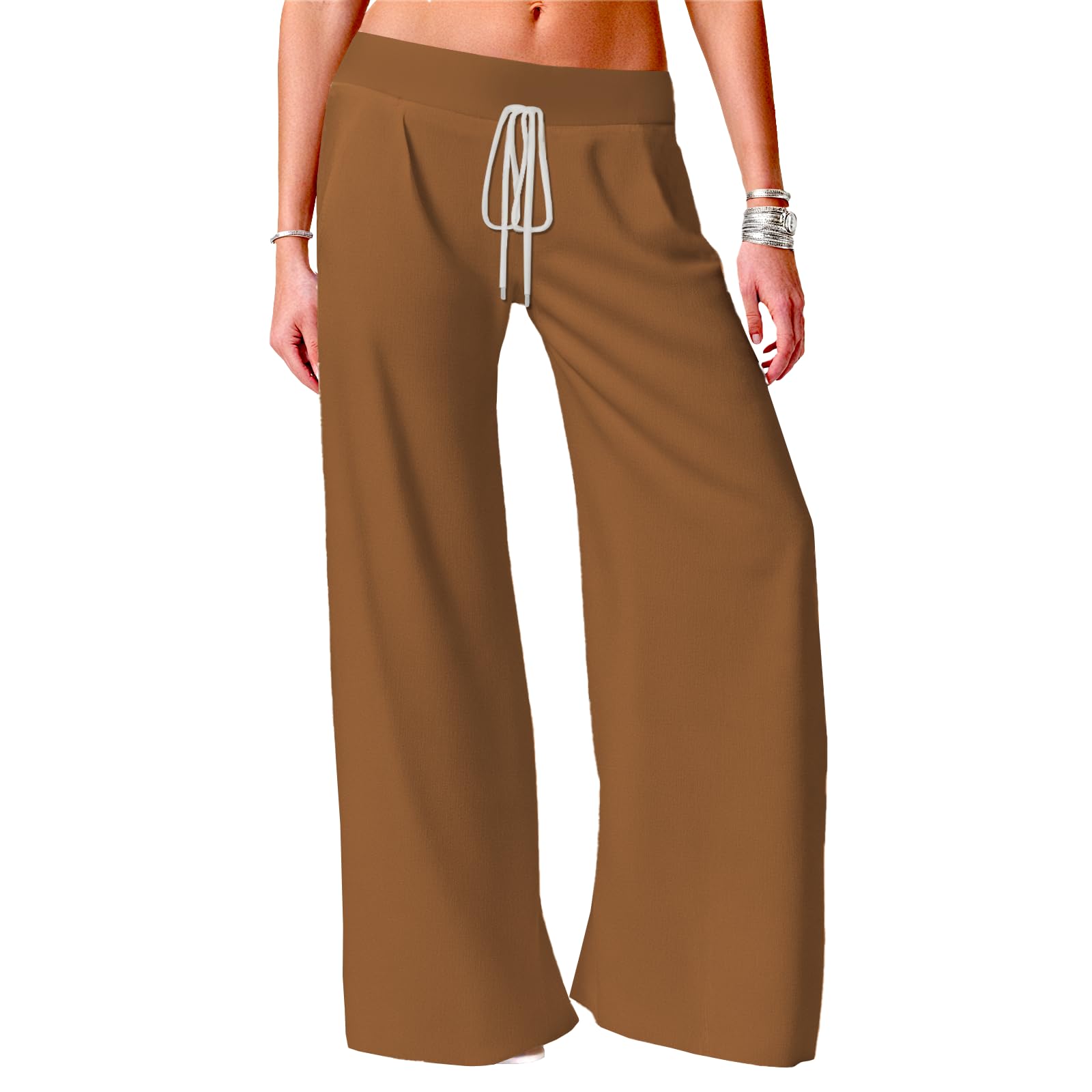 MARSVOVO Classic Elastic Waist Pants for Women Drawstring Wide Leg Summer Trousers Plus Size Casual Lounge Pants