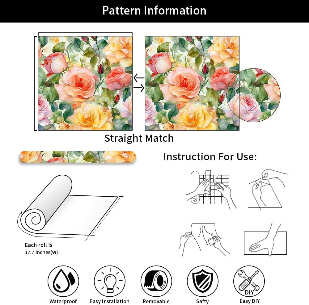 18"x236" Boho Watercolor Colorful Rose Floral Peel and Stick Self Adhesive Wallpaper Removable Contact Paper Stick on Easy Peel Off Wall Paper for Kitchen Bedroom Bathroom Renter