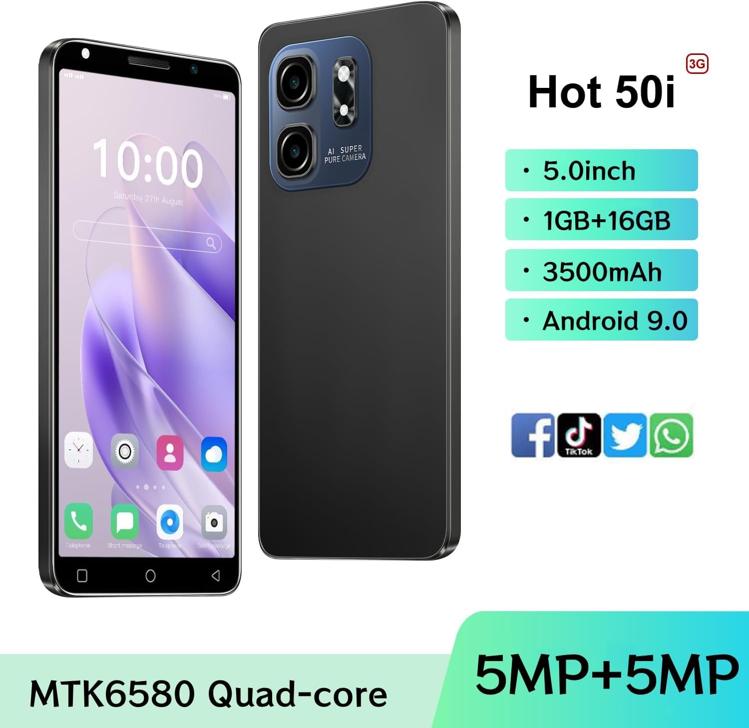 Hot50Pro Billiges Handy, 5,0 Zoll HD-Bildschirm, 16GB ROM (Erweiterung auf 128GB), 3500mAh große Batterie, Gesichts-ID/WiFi/GPS/Android-Telefon (Black)