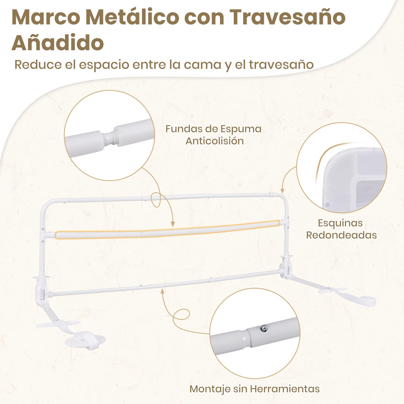 GOPLUS Barrera de Cama para Niños Pequeños 120 CM, Barandilla de Cama para Bebés Abatible con Estructura de Metal, Funda Desmontable y Lavable y Correa de Seguridad, para Cama (Blanco)