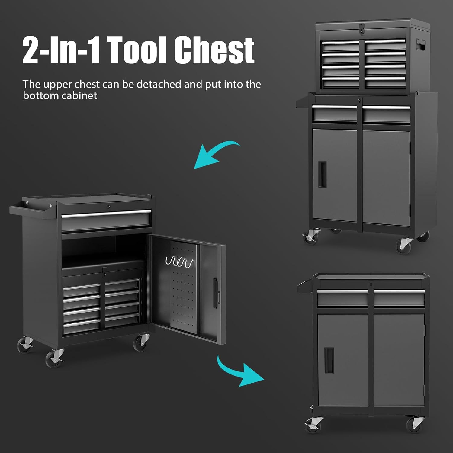 DREAMADE 5-Drawer Tool Chest Combo, Rolling Tool Cabinet w/Detachable Top Tool Box, Adjustable Shelves, Lockable Wheels, Metal Tool Box for Garage, Workshop, Repair Shop Storage (Grey)