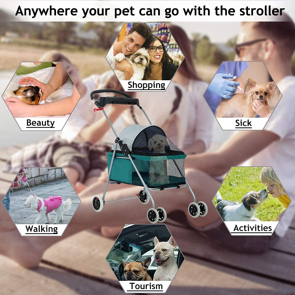 Pet Stroller with Cup Holder Dog Stroller for Small Dogs Folding Cat Strollers for Cats No Escape Cat Dog Cage Strollers Carrier Strolling Cart Travel Folding Carrier,Teal