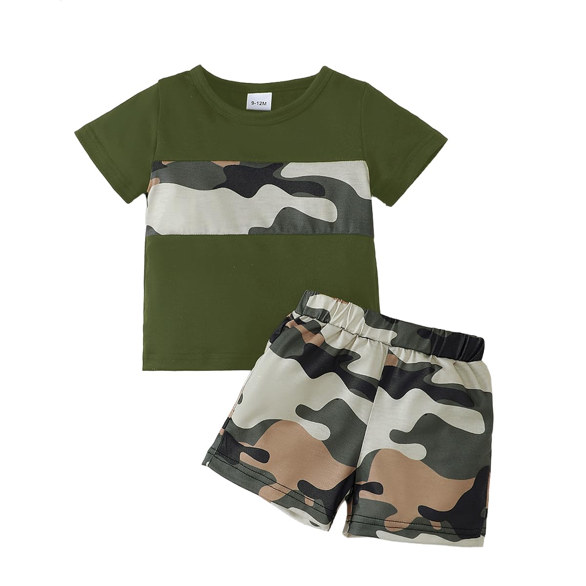 Conjunto de 2 piezas para niños pequeños, camiseta de manga corta con bloques de color y pantalones cortos de camuflaje para niños de 9 a 3 años, ropa de verano