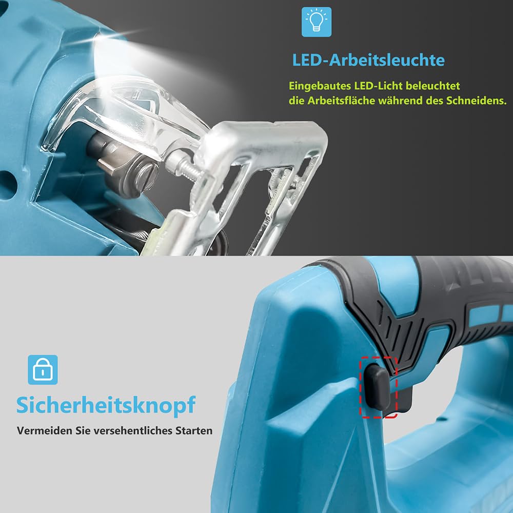Akku Stichsäge 18V, 3000 SPM Stichsäge mit LED-Licht, Bürstenloser Stichsäge, 4 Orbitaleinstellungen, 4 Klingen, 2x 3,0Ah-Akku und Ladegerät