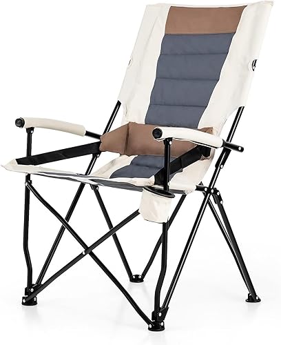 HAPPYGRILL Silla de camping plegable con bolsa de transporte, silla de césped portátil con soporte para tazas, silla de exterior de 330 libras para