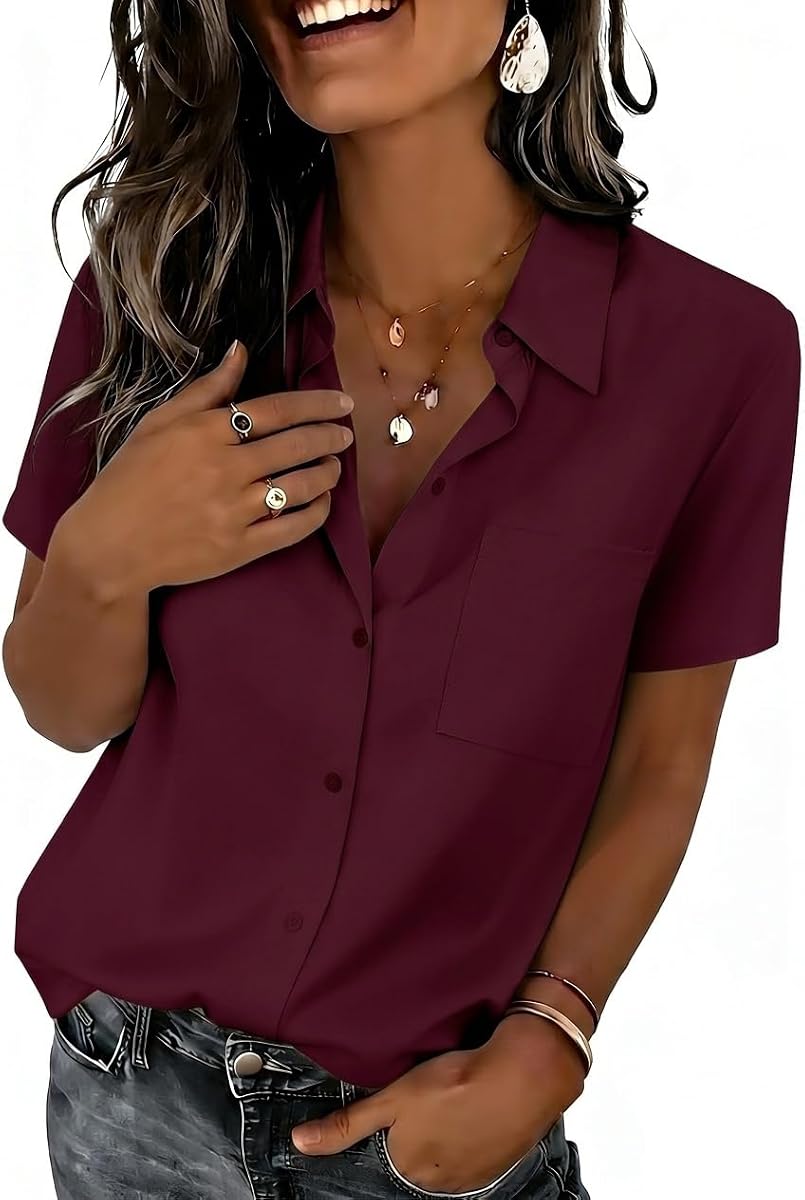 Zeagoo Summer Tops for Women Short Sleeve Button Down Shirt V Neck Blouse