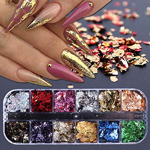 Nail Foil Nail Art Decals Stickers Nails Art Holographic Aluminum Foil Nail Flakes Sequins Sparkles Tinsel Foil Glitter DIY Manicure Nails Design Decal Decoration Gold Silver Leaf Flakes 12 Grids/Set