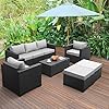 Rattaner patio wicker furniture set 6 pieces outdoor hdpe wicker conversation couch sectional chair sofa set with grey cushions  urban country home decor