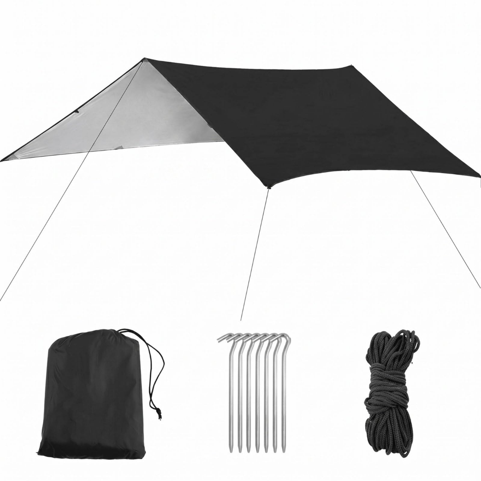 Silver Coated Tarp Lightweight Waterproof Sun Shelter Portable Beach Shade Tent for Beachgoers, Campers, Silver Black, 300x400cm-image-25