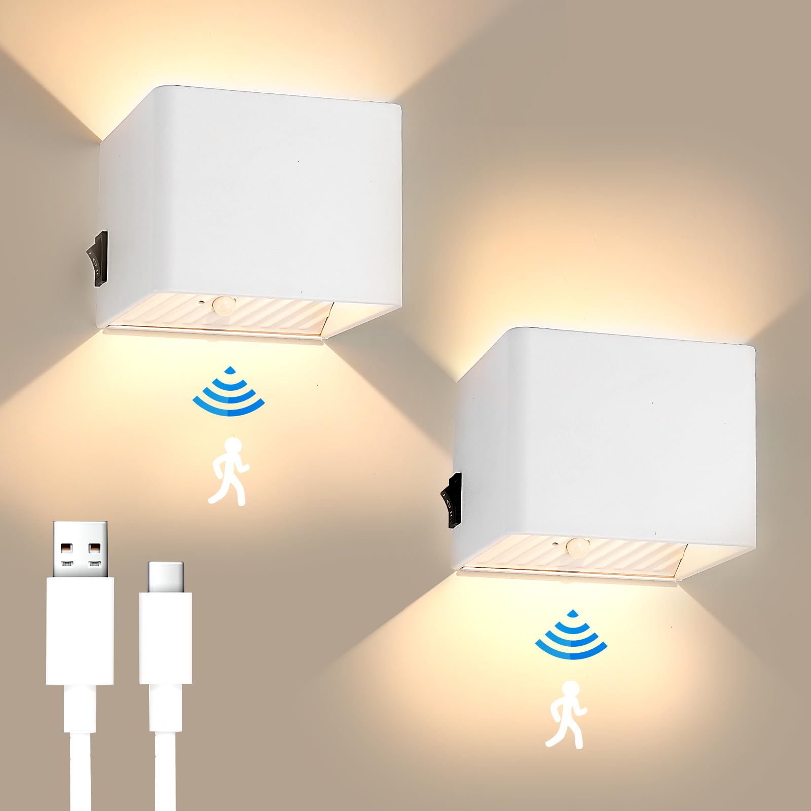 GeyouLux 2 Stück 3000mAh Akku Wandleuchte mit Bewegungsmelder Innen 5W Aufladbare Wandleuchte Innen Ohne Stromanschluss mit 3 Modi 3000K Wandlampe Innen Akku für Treppe Flur Wohnzimmer Schlafzimmer