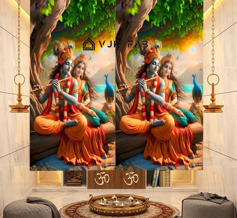 Image of 3D Digital God Print Curtains Poojaroom 5 feet Set of 2 Window Curtain for Temple /Home Mandir /Puja ghar, 5 ft parde