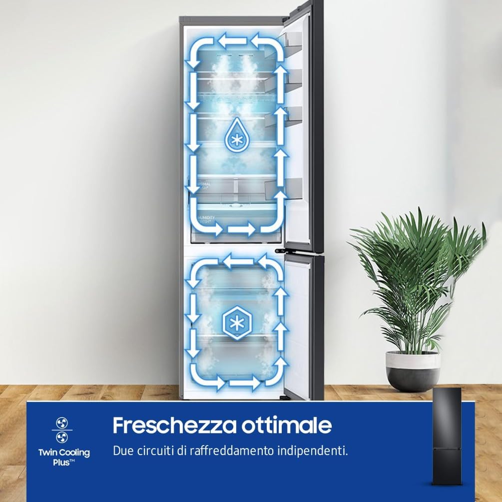 Samsung BESPOKE AI RB38C7B6AB1/EF Frigorifero Combinato, WiFi, SpaceMax, Twin Cooling Plus, Total No Frost, Motore Digital Inverter Garantito 20 Anni, 387 L, LxAxP: 59,5 x 203 x 65,8 cm, Antracite