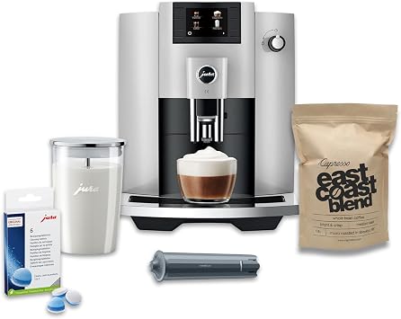 Jura E6 Automatic Espresso Machine Platinum, 5 Items | Includes Smart Filter Cartridge, Cleaning Tablets, Coffee Beans, And Glass Milk Container