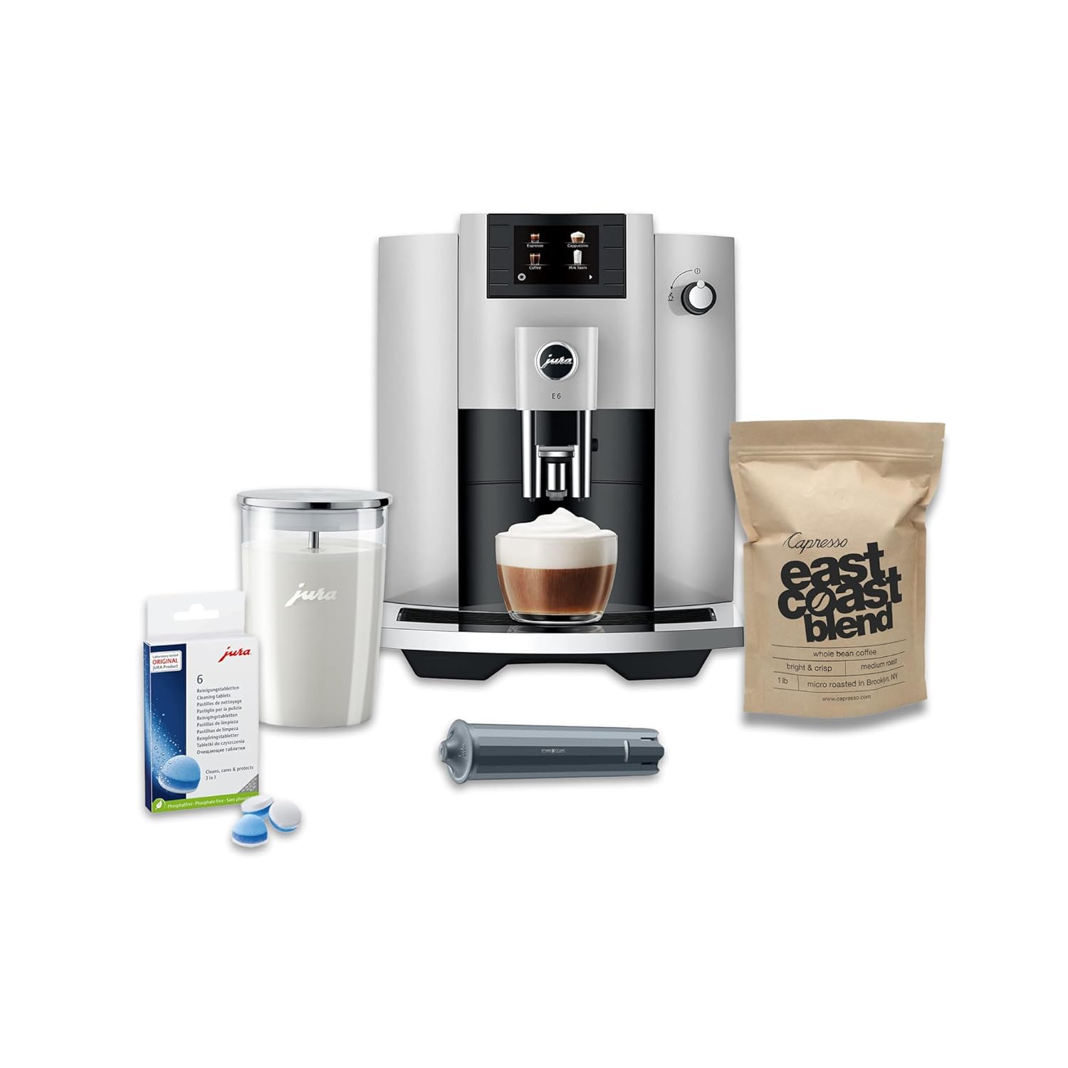 Jura E6 Automatic Affordable Espresso Machine with Programmable Coffee Strength Platinum Bundle with Smart Filter Cartridge Cleaning Tablets