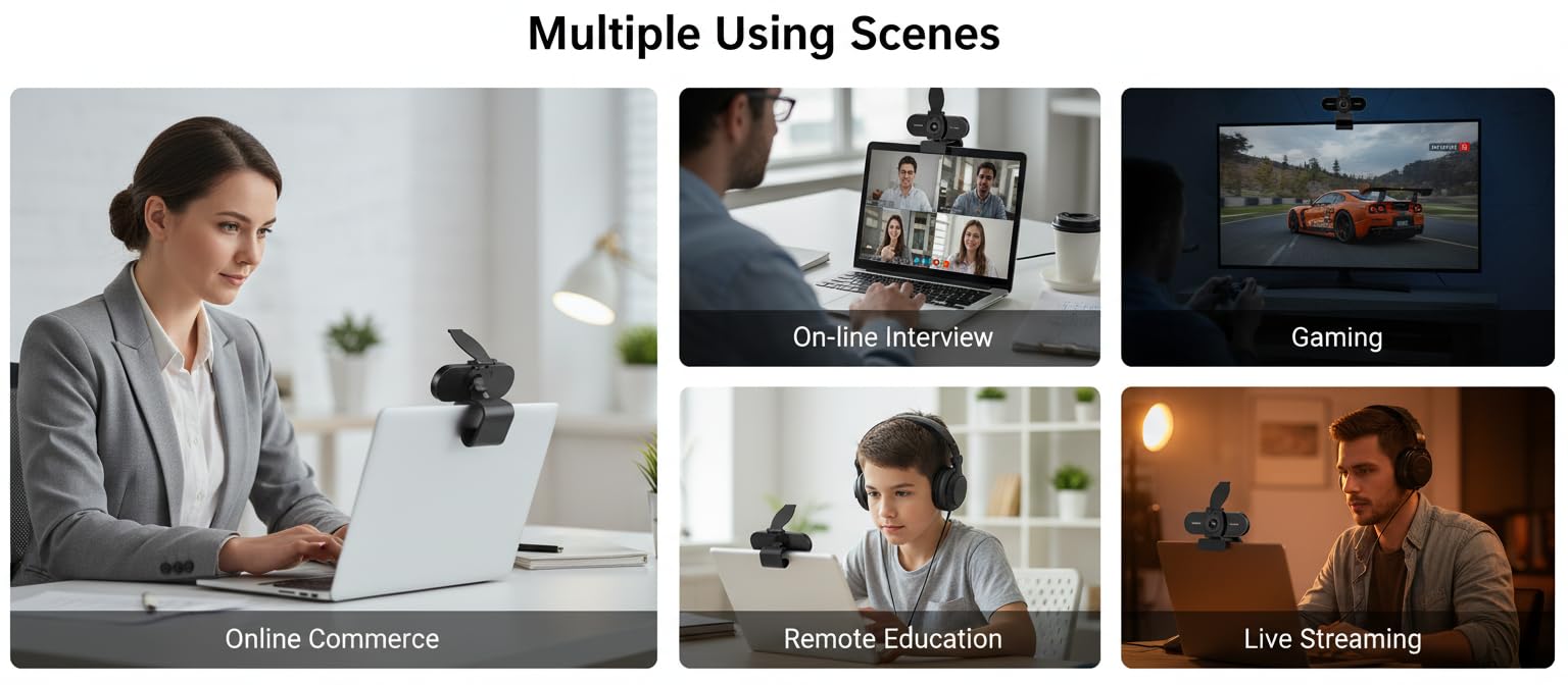Webcam HD 1080P con microfono, cancellazione del rumore, copertura della privacy, obiettivo grandangolare, correzione automatica della luce, webcam USB Plug & Play per laptop, desktop, PC