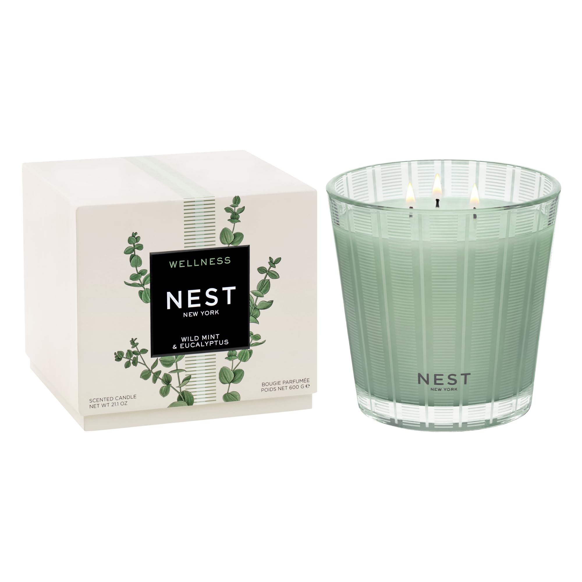 Scented 3-Wick Candle, Wild Mint & Eucalyptus - 21.2 oz - Up to 100-Hour Burn Time - Reusable Glass Vessel