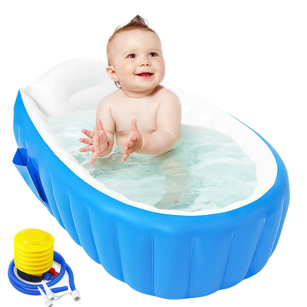 RNPKZ Inflatable Baby Bathtub, Inflatable Foldable Shower Pool with Air Pump, InflatableBaby Bath Tub, Portable Toddler Bath Tub, Non-Slip, Baby Inflatables Bathtub and Babys Seat for 0-3 Years (Blue)