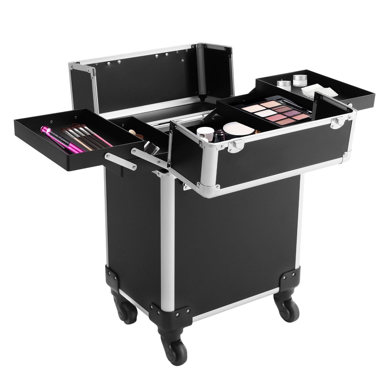 Grande valigetta per trucchi con ruote, trolley cosmetico professionale per trucchi e viaggi, scomparti multipli, spazio per trucchi e pennelli, leggero e impermeabile, Nero , 34*24*47cm, moderno