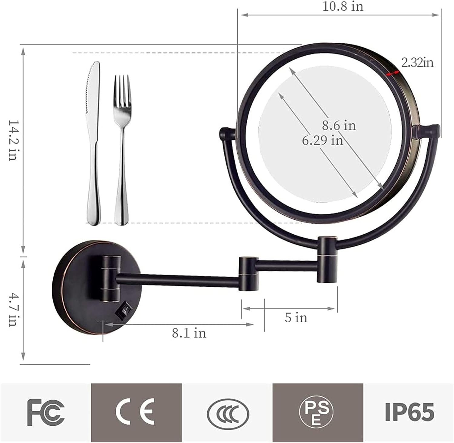 8.5 Inch Wall Mounted LED Lighted Makeup Mirror with Magnification, Oil Rubbed Black Bathroom Double Sided Shaving Vanity Mirror, Plug Powered,7X(10x)