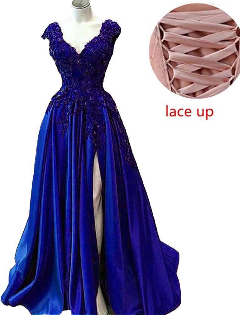 Lemai V Neck Beaded Lace Appliques Front Slit Long Formal Prom Evening Dresses