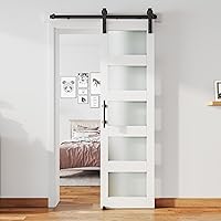 Vista 16 de Puerta de granero de vidrio de 28'' x 84'' y kit de herrajes de níquel cepillado de 5 pies incluido, losa de puerta de granero blanca de MDF