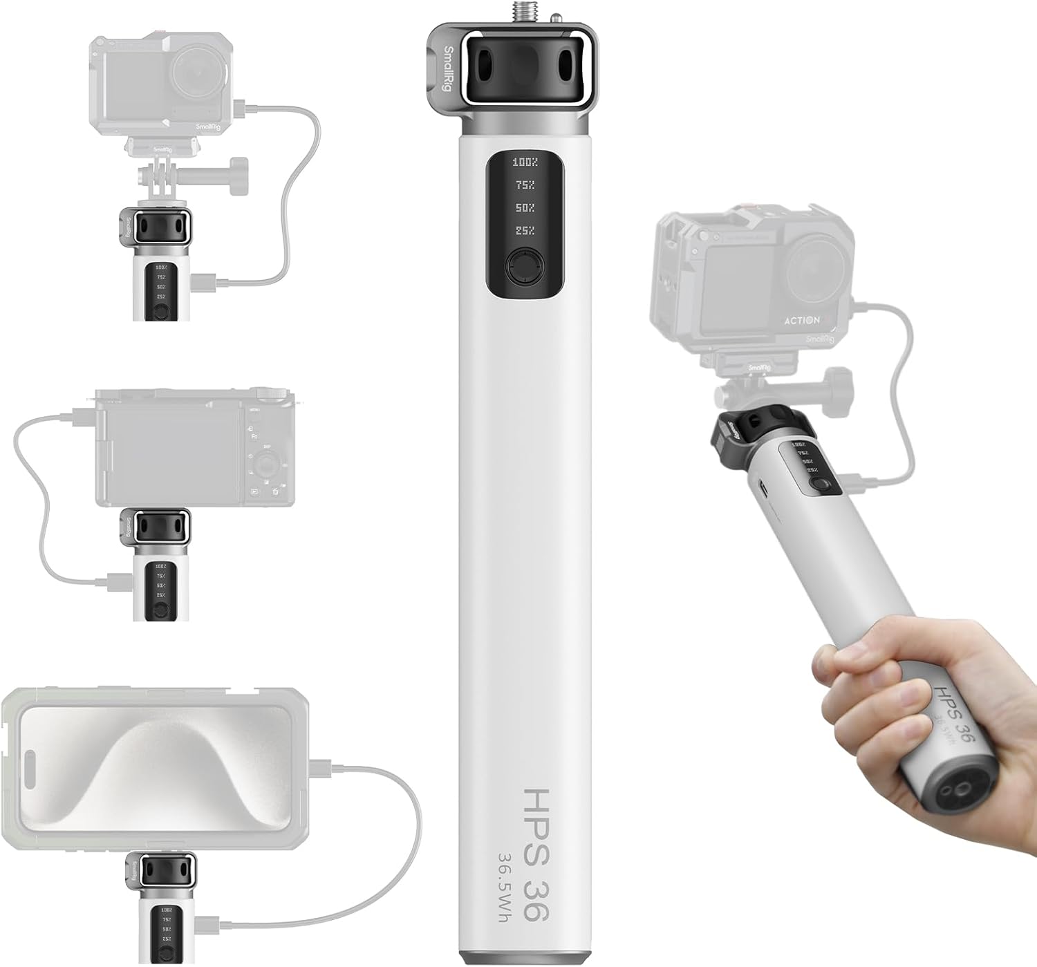 SMALLRIG Battery Grip,36W Fast Charging Handle, Action Camera Battery Handle with 2 USB-C Ports,Emergency Light, 1/4" Screw for GoPro,for DJI Action Camera, Mirrorless Cameras, Phones