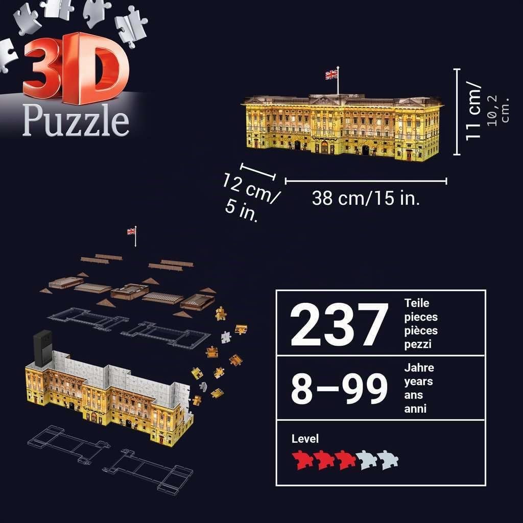 Ravensburger - Puzzle 3D Building - Buckingham Palace illuminé - A partir de 8 Ans - 216 pièces numérotées à Assembler sans Colle - Accessoires de Finition Inclus - 12529