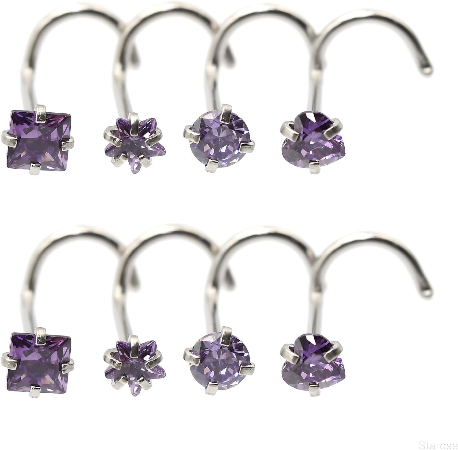 8-Piece 3mm Crystal Nose Studs Set, 20G Stainless Steel, Heart Round Square Star Shapes Ear Piercing Body Jewelry