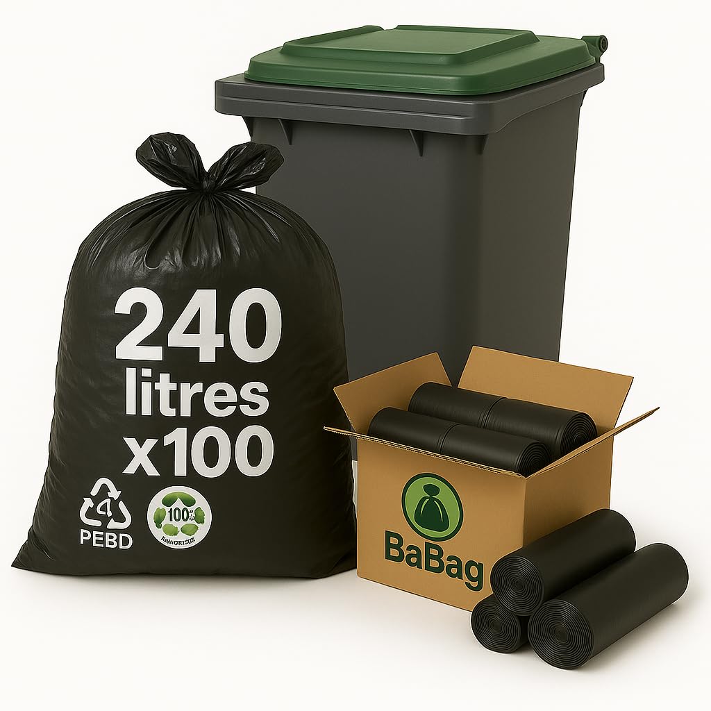 BaBag | Sac Poubelle Conteneur 2 Roues 240 L x 100 | Épaisseur 30 Microns | Housse de Protection Professionnelle Noire | Étanche & Anti-Odeur | 600x1300x580 mm | Sac 100% Recyclé | Lot de 100 Sacs