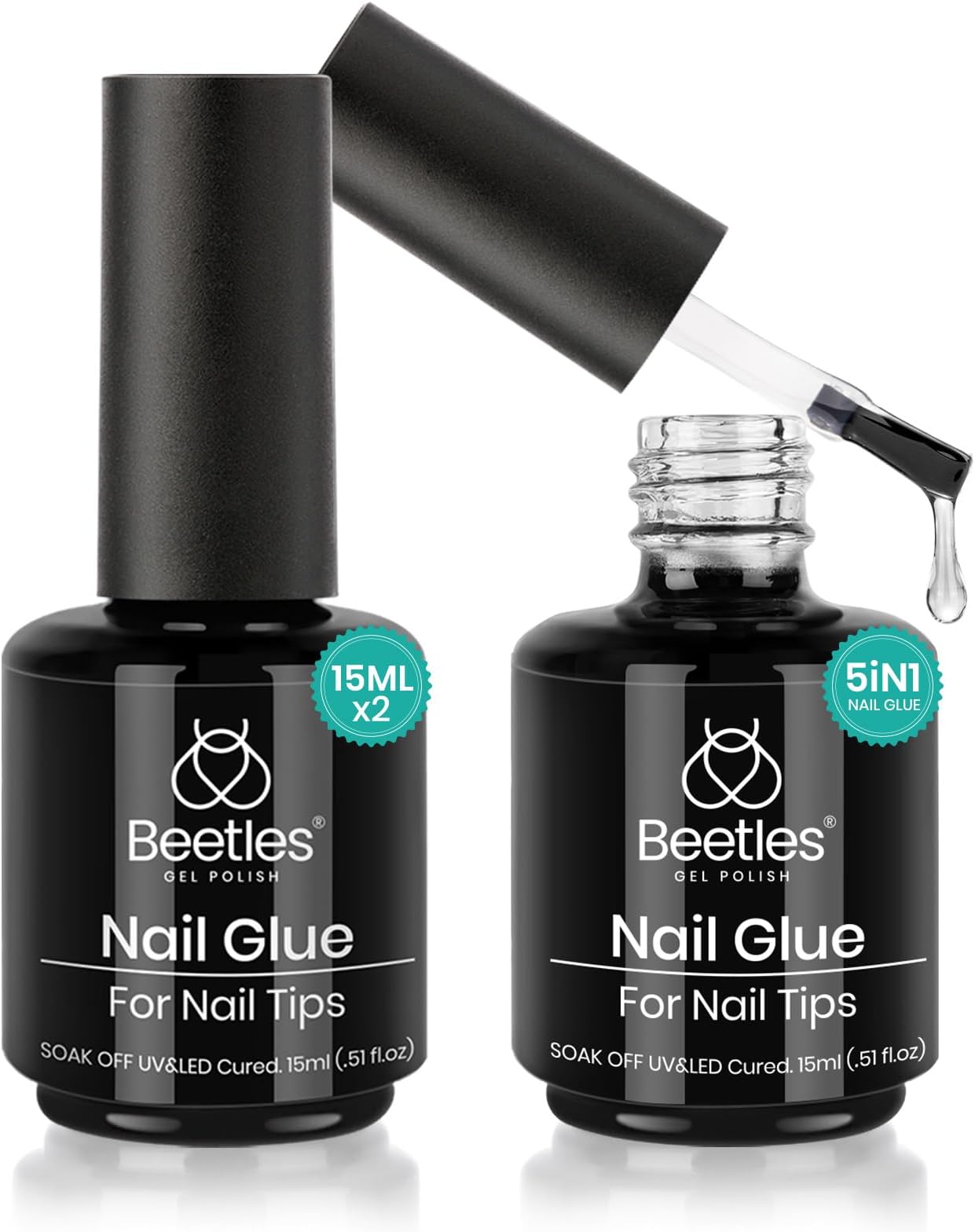 Beetles Gel Polish 5 in 1 Nail Glue Kit for Acrylic Nails,2 Pcs 15ml Super Strong Brush in Nail Gel Glue for False Nails Tips and Gel Nail Polish Led Lamp Required Nail Art Gift