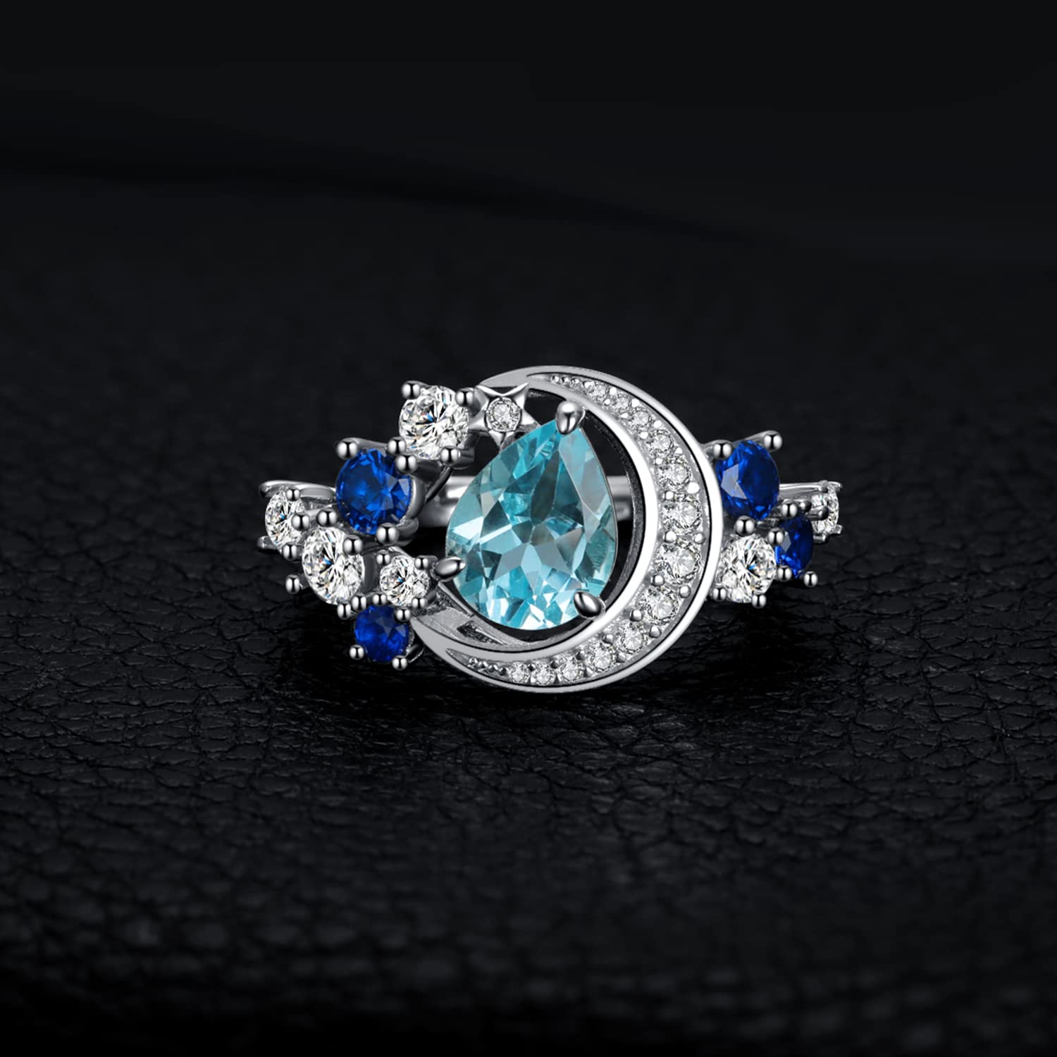 JewelryPalace Luna Estrella Anillo Plata Mujer con 2ct Topacio Azul Cielo Natural Corte Pera, Anillo de Cóctel Plata de Ley 925 Zafiro Azul, Anillo Niña Piedra Preciosa Gota de Agua, Conjunto Joyas