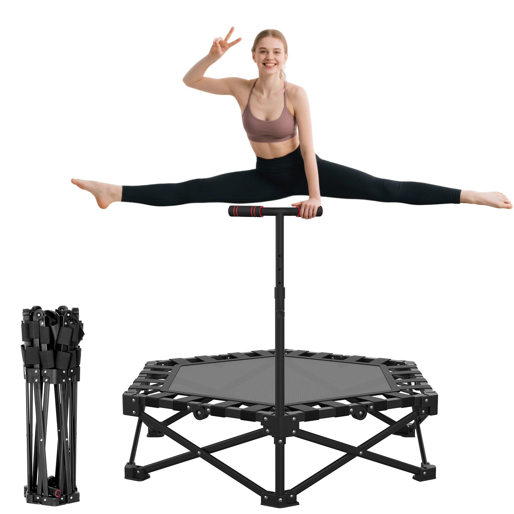 FUNTOK Fitness Trampoline for Adults, Heavy Duty Foldable Rebounder Mini Trampoline with Adjustable Handle, 440 lbs / 200 kg Max Load Indoor Exercise Trampette for Home Gym Workout