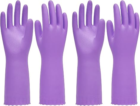PACIFIC PPE 2 Pairs Reusable Dishwashing Cleaning Gloves with Latex Free, Cotton Lining, Kitchen Gloves, Purple, Medium