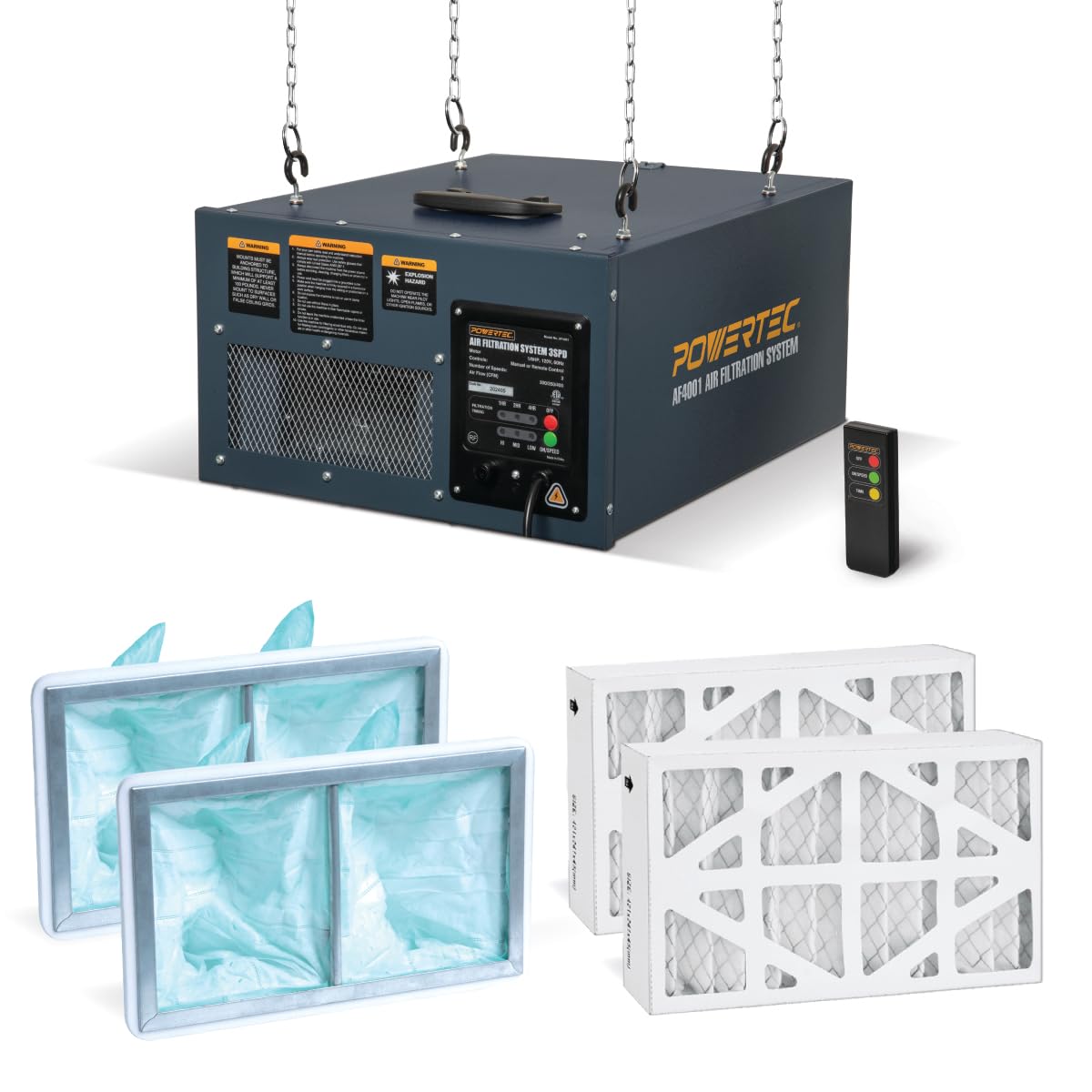 POWERTEC 3-Speed Remote Controlled Air Filtration System (300/350/400 CFM) w/Extra Inner &amp; Outer Filter (2 of Each) Replacement, Hanging Air Filter for Woodworking, Workshop &amp; Garage (AF4001C)