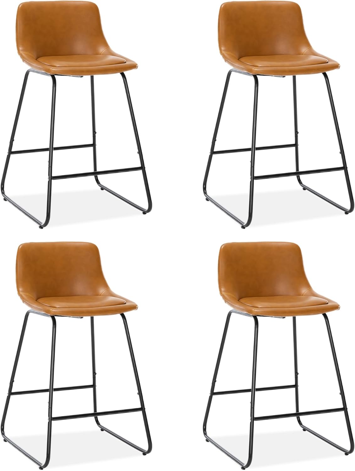 Four LUE BONA Counter Height Bar Stools with brown faux leather seats and black metal legs, arranged in a grid.