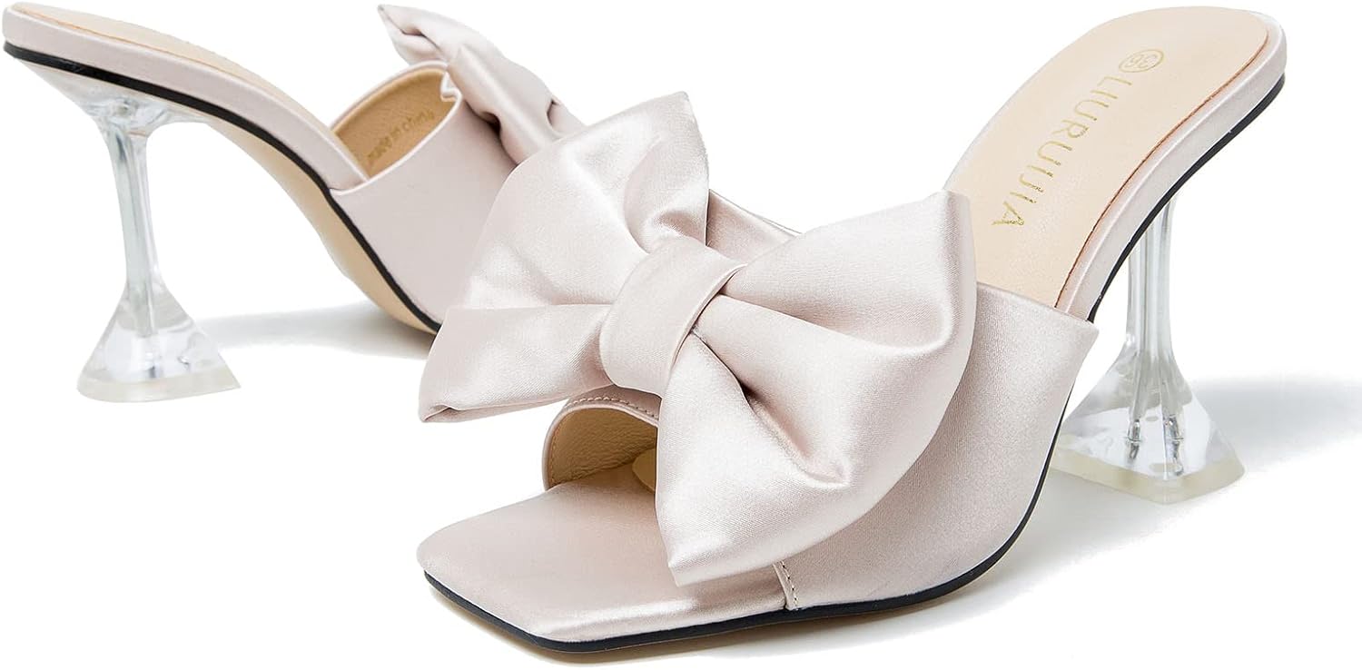 LIURUIJIA Women's Square Open Toe Bow Heels Slip On Heeled Sandals Satin Mules, Wedding Bridal Prom Dress Shoes for Evening Party - Image 5
