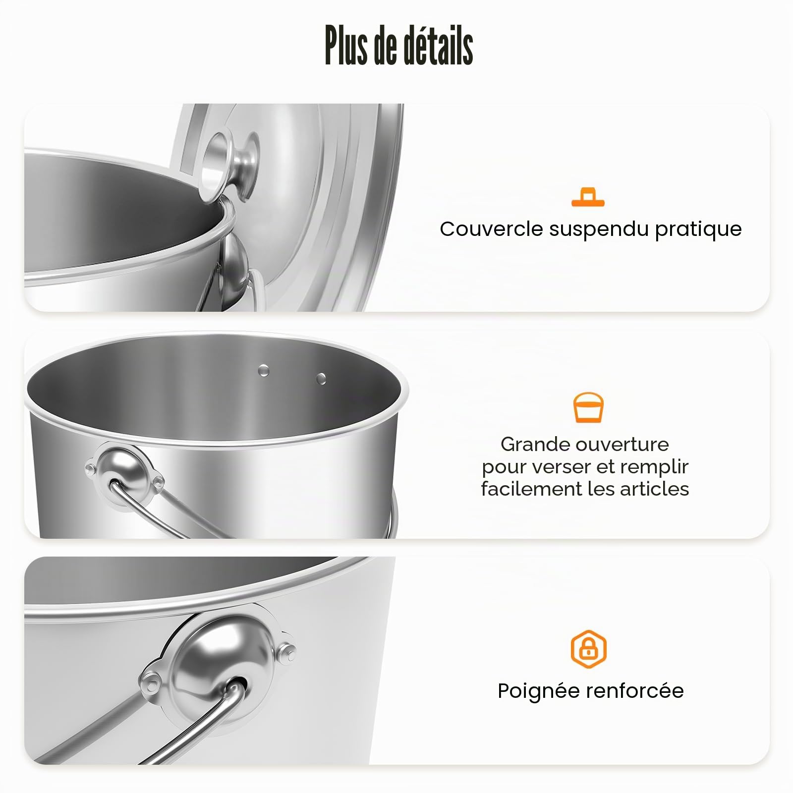 Seau avec couvercle, poubelle, seau à nourriture, à lait en acier inoxydable, avec couvercle en acier inoxydable, pour le stockage dans la cuisine, l'arrosage du jardin (20 l)